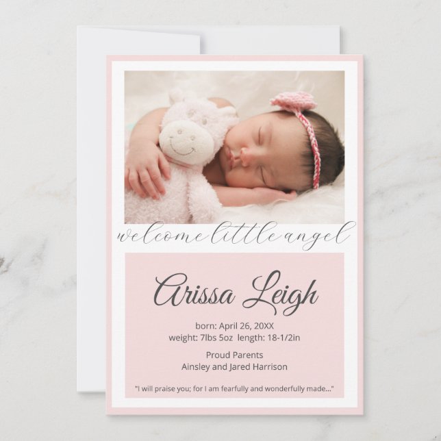 Pretty Script Baby Girl Birth Announcement Card (Front)
