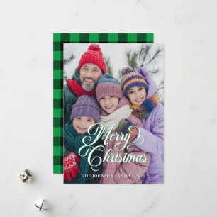 Pretty Script Black and Green Buffalo Plaid Photo Holiday Card