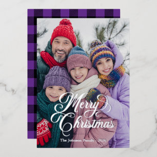 Pretty Script Black and Purple Buffalo Plaid Photo Foil Holiday Card