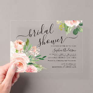 Pretty Script Blush Floral Bridal Shower Acrylic Invitations