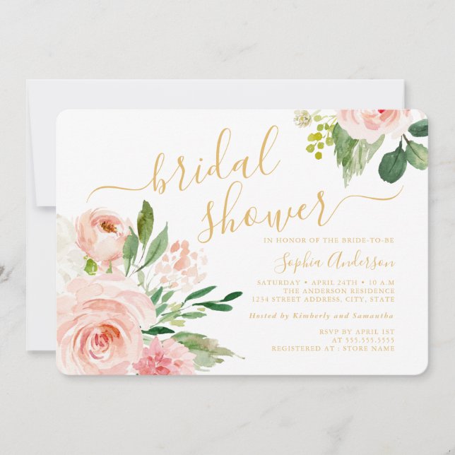 Pretty Script Blush Gold Floral Bridal Shower Invitation (Front)