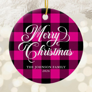 Pretty Script Hot Pink Black Buffalo Plaid Photo Ceramic Ornament