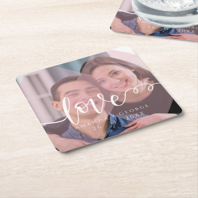 Pretty Script LOVE Pastel Pink Photo Wedding Square Paper Coaster (Angled)