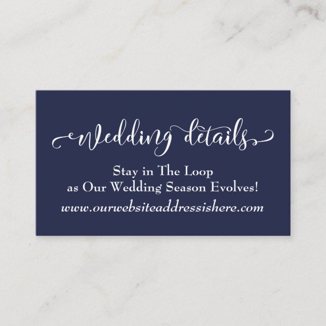 Pretty Script Navy Blue Wedding Website Details Enclosure Card (Front)