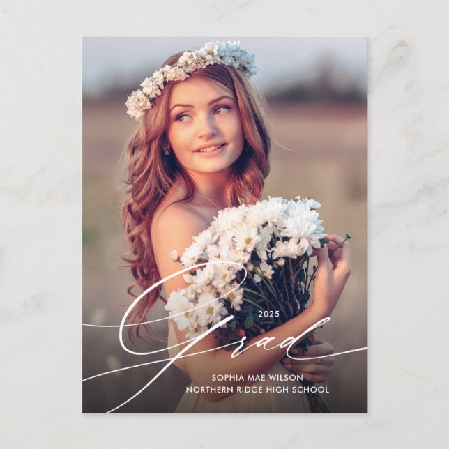 Pretty Script Overlay 1-Photo Graduation Postcard (Front)