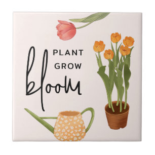 Pretty Script Plant Grow Bloom Tulip Ceramic Tile