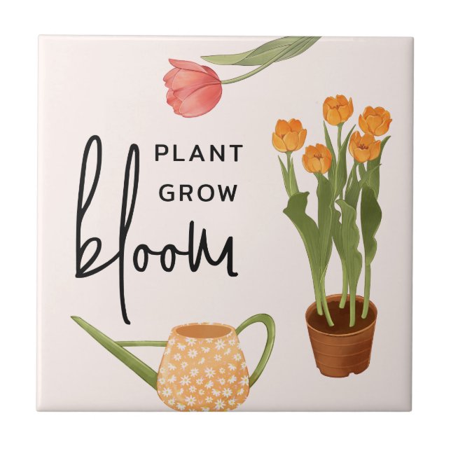 Pretty Script Plant Grow Bloom Tulip Ceramic Tile (Front)