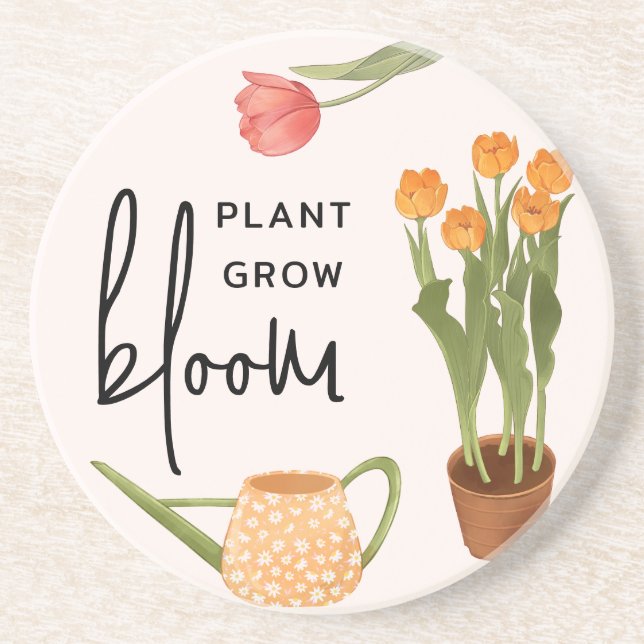 Pretty Script Plant Grow Bloom Tulip Coaster (Front)