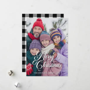 Pretty Script White and Black Buffalo Plaid Photo Holiday Card