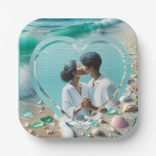 Pretty Sea Glass Photo Wedding  Paper Plate