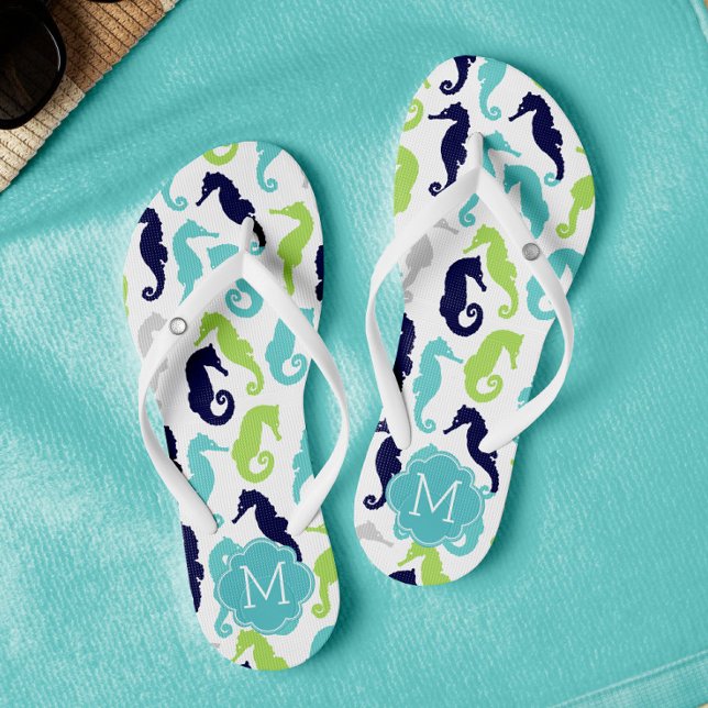 Pretty Sea Horses Pattern Monogram Thongs (Creator Uploaded)