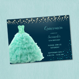 Pretty Seafoam Green Gown Under Lights Quinceanera Invitation