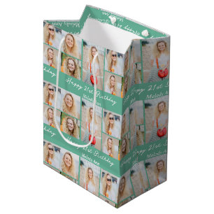Pretty Seafoam Green Happy Birthday Photo Collage Medium Gift Bag