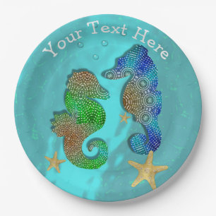 Pretty Seahorses Swimming In Blue Sea Paper Plate