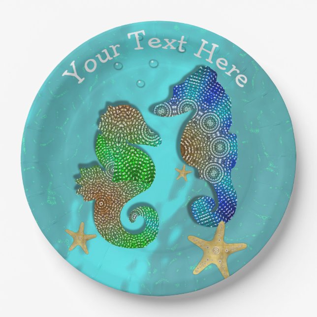 Pretty Seahorses Swimming In Blue Sea Paper Plate (Front)