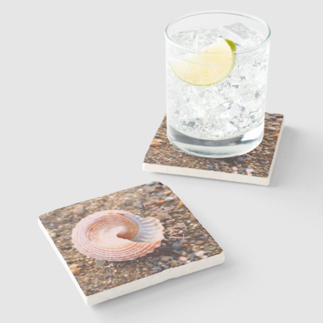 Pretty Seashell on a Rocky Beach with Custom Text  Stone Coaster (Side)