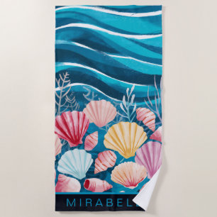 Pretty Seashells & Blue Waves Custom Beach Towel
