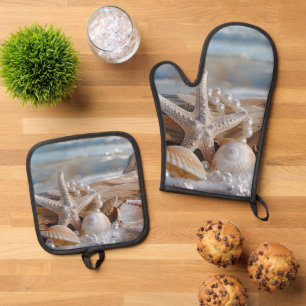 Pretty Seashells White Pearls  Driftwood Oven Mitt & Pot Holder Set