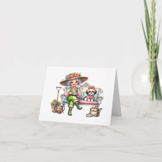 Pretty Senior Lady With Dog Note Card (Front)