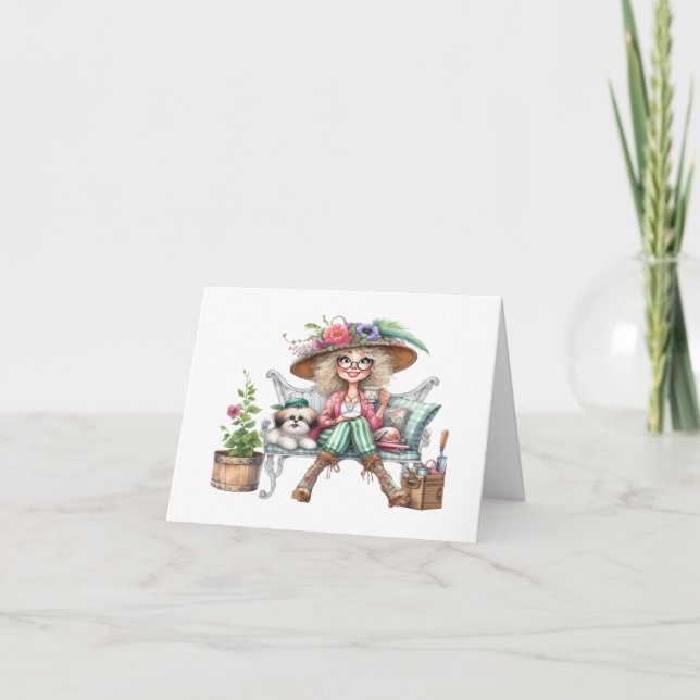 Pretty Senior Lady With Dog Note Card (Front)