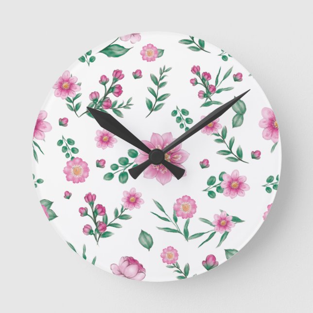 Pretty Shabby Chic Pink Floral Illustration Round Clock (Front)