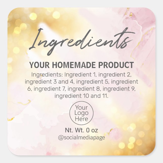 Pretty Shimmering Pink And Gold Ingredient Labels (Front)