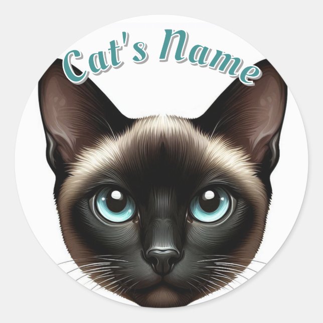 Pretty Shorthaired Siamese Cat • Personalised Classic Round Sticker (Front)