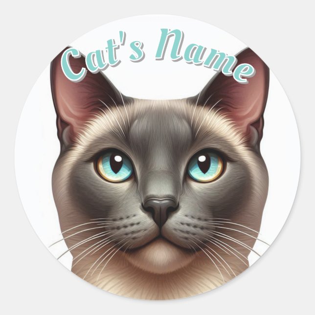 Pretty Siamese Shorthaired Cat • Personalised Classic Round Sticker (Front)