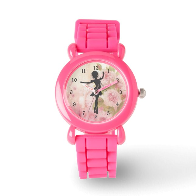 Pretty Silhouette Ballerina on Pink Roses Ballet Watch (Front)