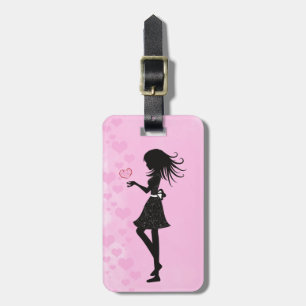 Pretty Silhouette Girl with Hearts Pink and Black Luggage Tag