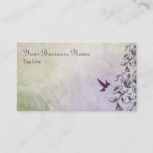 Pretty Silhouette Hummingbird and Flowers Business Card (Front)