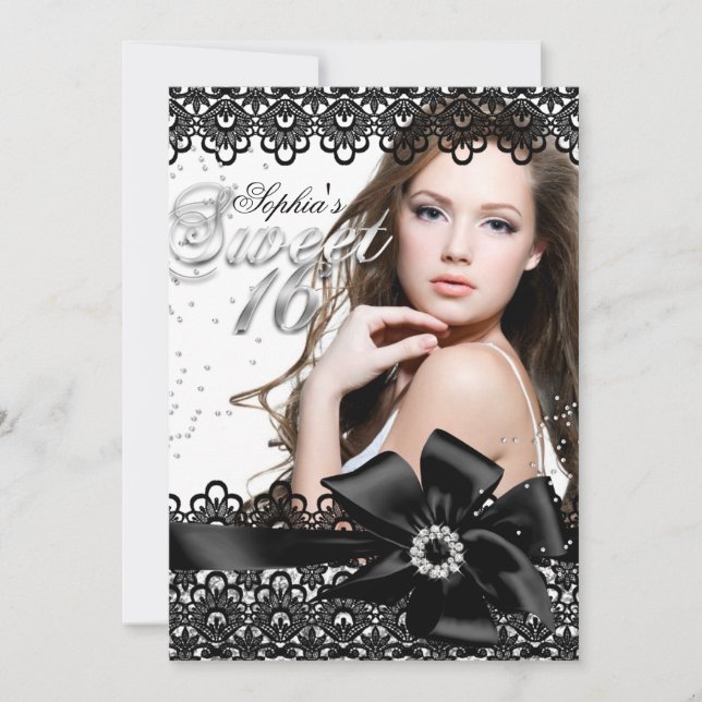 Pretty Silver Black Lace Photo Sweet 16 Invite (Front)