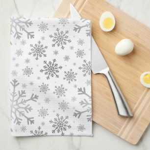 Pretty Silver Christmas Snowflakes on Winter White Tea Towel