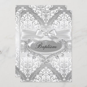 Pretty Silver Damask Bow Baptism Invitation