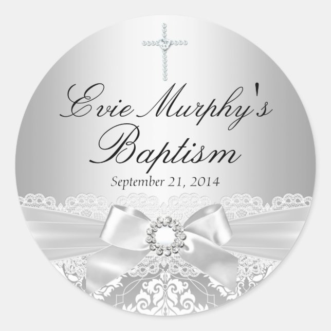 Pretty Silver Damask & Bow Baptism Sticker (Front)
