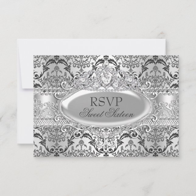 Pretty Silver Damask Sweet 16 RSVP Invitation (Front)