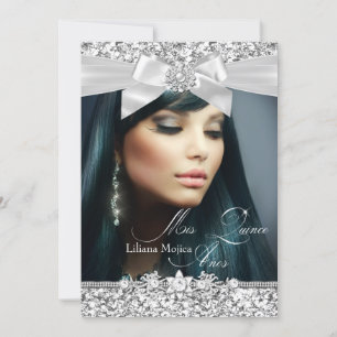 Pretty Silver Glitter Bow Photo Quinceanera Invite