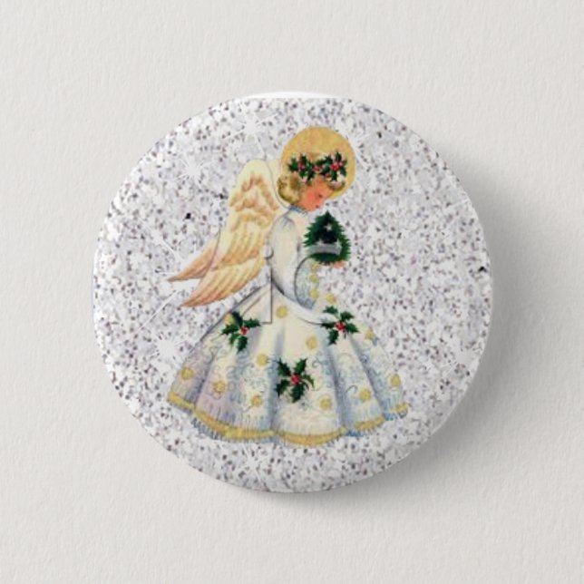Pretty Silver Glittery Angel Christmas Button (Front)