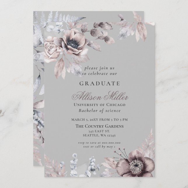 Pretty Silver Grey Mauve Floral Graduation Party Invitation (Front/Back)