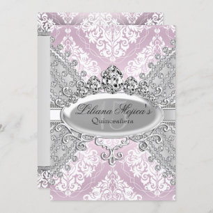 Pretty Silver Pink Damask & Tiara Quinceanera Invitation