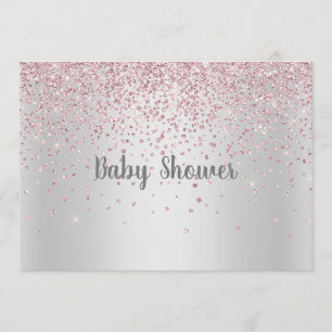 PRETTY SILVER PINK MODERN BABY SHOWER CRYSTAL INVITATION
