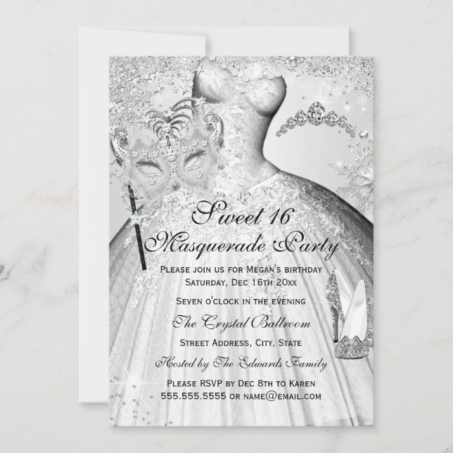 Pretty Silver Princess Masquerade Sweet 16 Invite (Front)
