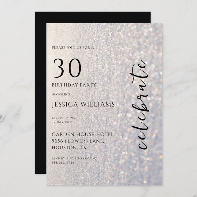 Pretty Silver Snow & Bokeh 30th Birthday Party Invitation (Front/Back)