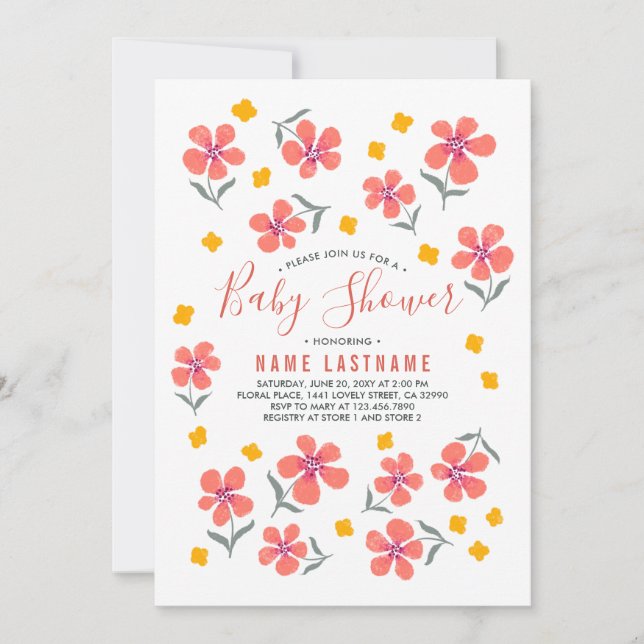 Pretty simple folk Red yellow flowers Baby Shower Invitation (Front)