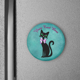 Pretty sitting black cat Pink Bow Green Eyes Teal Magnet