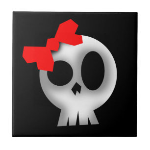 Pretty Skull with Red Bow Ceramic Tile