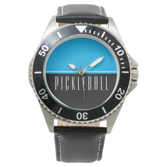 Pretty Sky Blue Black Colour Block PICKLEBALL Text Watch (Front)