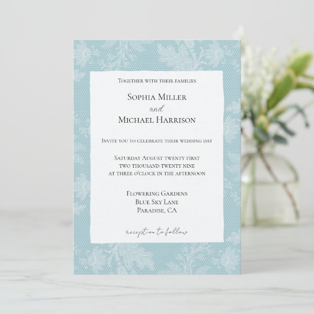 Pretty Sky Blue White Floral Faux Lace Wedding Invitation (Standing Front)