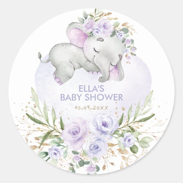 Pretty Sleeping Elephant Purple Floral Greenery Classic Round Sticker (Front)