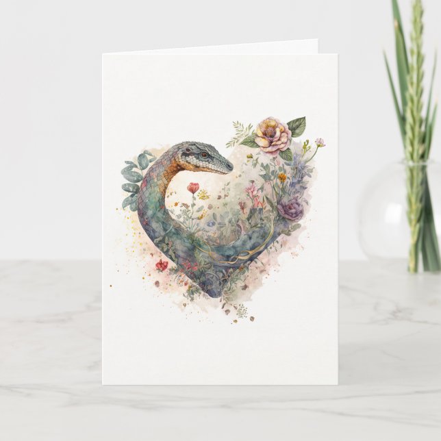 Pretty Snake with Purple Flowers Valentine's Day Holiday Card (Front)